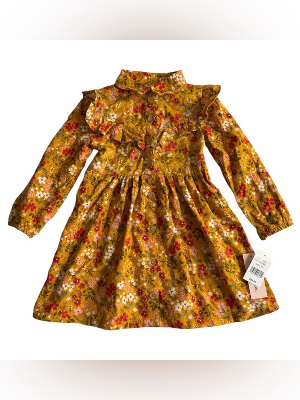 Little Lass Mustard Floral Ruffle Dress(008)